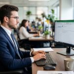 Man, office, computer — Analyze Loan Terms Easily With a Mortgage Calculator With Amortization